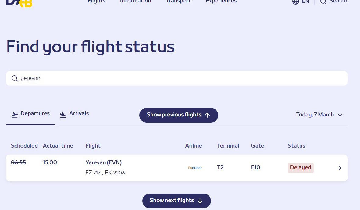 FlyDubai's Dubai-Yerevan flight delayed due to bombings: Foreign Ministry