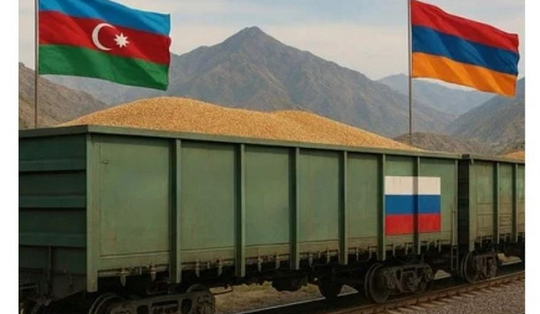 Train loaded with Russian grain moves through Azerbaijan and Georgia to Armenia