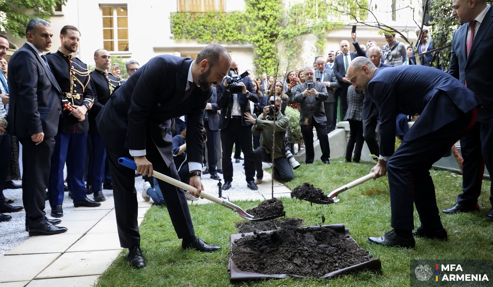 Ararat Mirzoyan and Jean-Noel Barrot planted apricot tree in courtyard of new building of Armenian Embassy in Paris